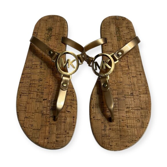 Michael Kors Gold Logo Thong Sandals Cork Sole Women's Size 8 MK Flip Flops - Picture 1 of 4